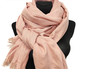 Oversized Linen Scarf: Fringed Shawl, Dusty Pink