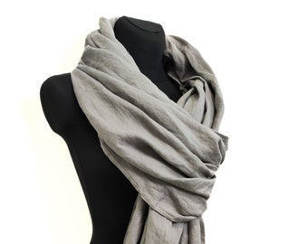 Oversized Linen Scarf: Women's Fringed Gray Shawl
