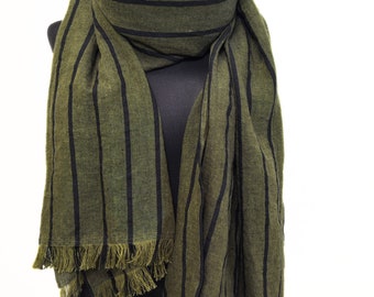Linen Scarf Men, 4th Anniversary Gift for Him, Extra Long Olive Green Striped Scarf, Masculine Oversized Linen Wrap, Large Mens Scarf