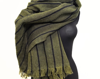 The Ultimate Giant Linen Blanket Scarf – Moss Green & Striped