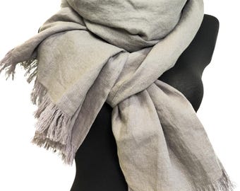 Extra Long Linen Scarf for Women and Men, Natural Grey Unbleached Linen Wrap, Oversized Soft Linen Shawl