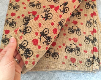Vintage Bicycle Print Jute Fabric: Natural Burlap (47" x 78")