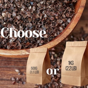 May include: A wooden bowl filled with buckwheat groats, with two brown paper bags labeled 500g (1.1 LB) and 1KG (2.2 LB). The word "Choose" is written in white across the top.