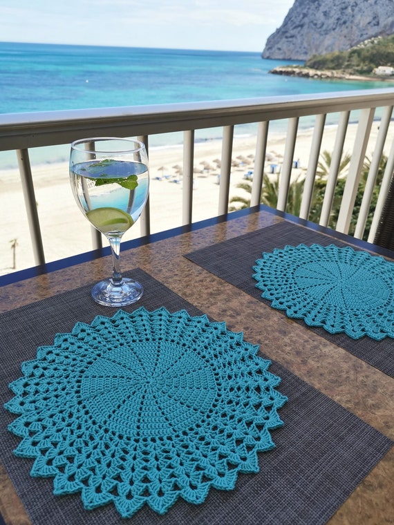 Crochet Table Placemat Boho Decor Doily Turquoise Cloth Round Home Mat Eco Friendly