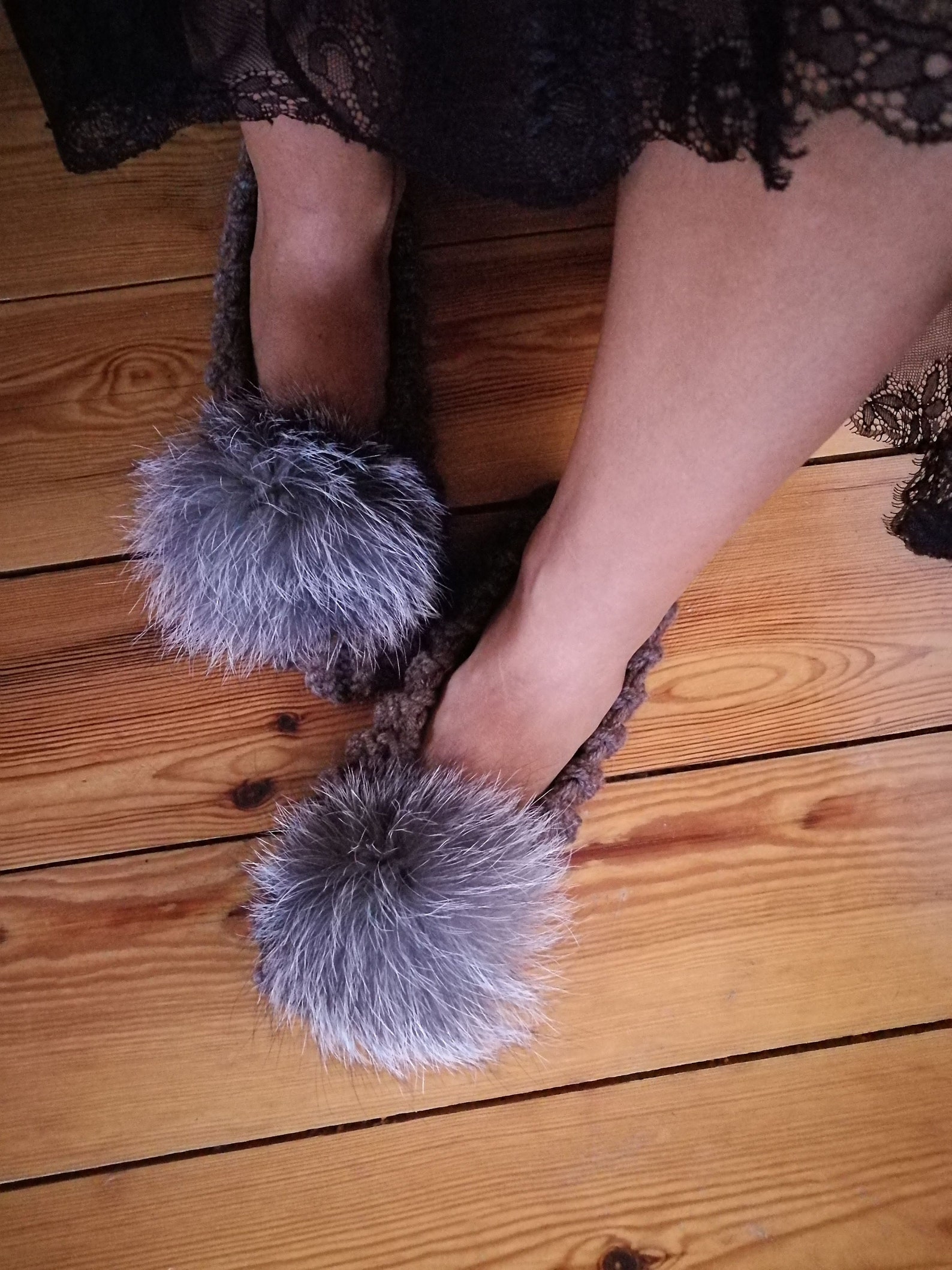 brown knitted women slippers with fox fur pom poms womens slippers wool slippers ballet flats fluffy slippers christmas gift flu