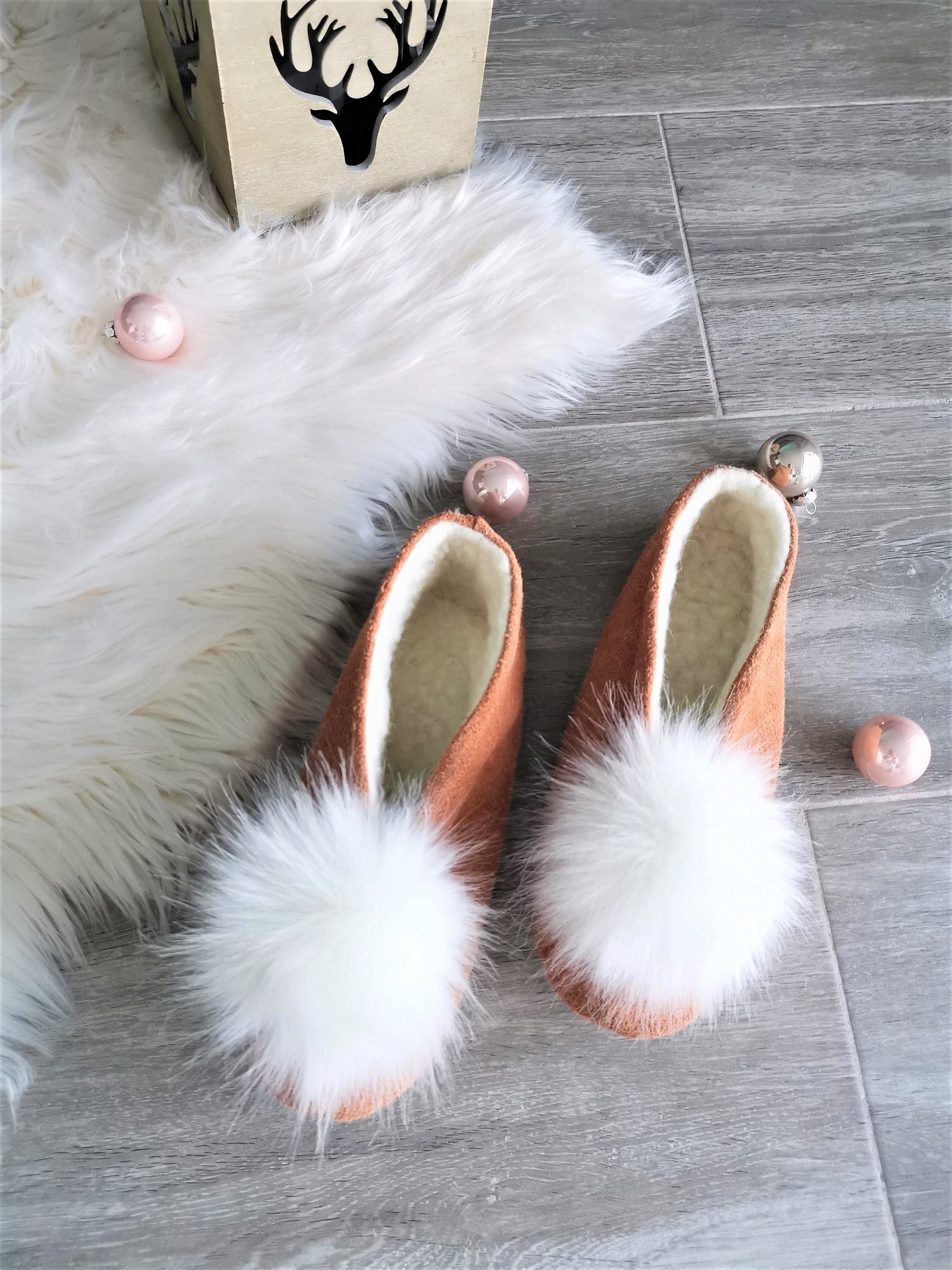 Leather slippers Womens with faux fur Pom poms Etsy