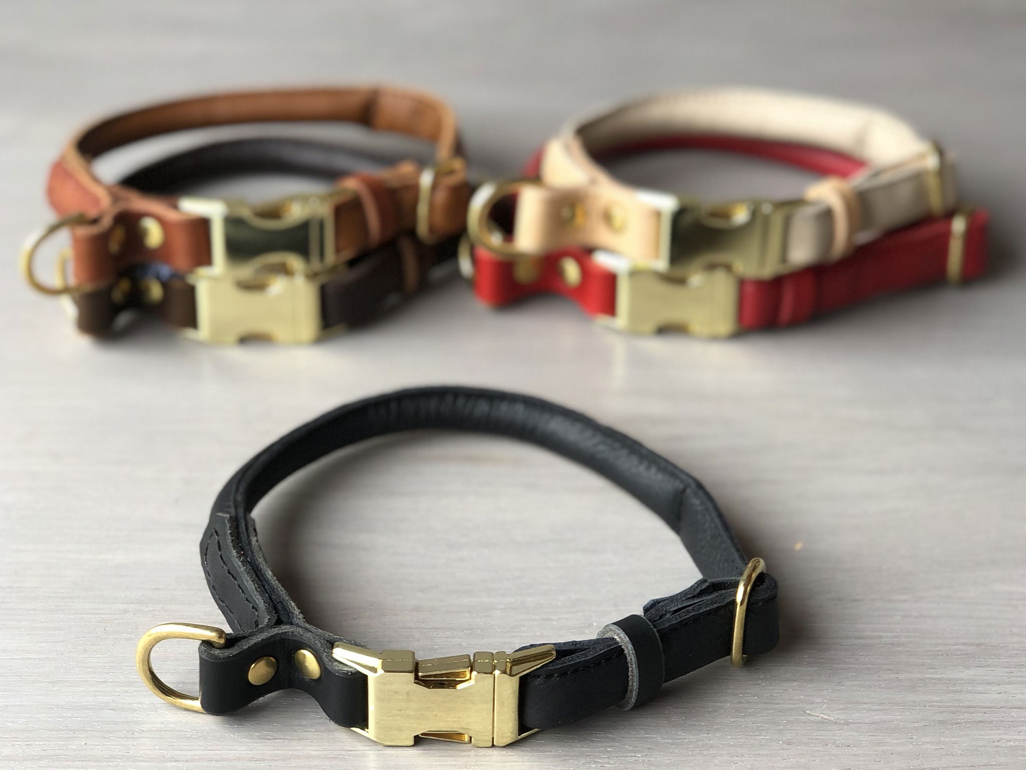 Rolled Leather Quick Release Dog Collar, Full Grain Tan Leather, Solid Brass Hardware, Optional