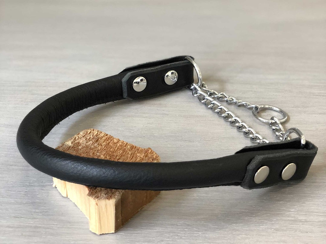 Rolled Leather Martingale Dog Collar, Black Rolled Leather Dog Collar, Stainless Steel Chain