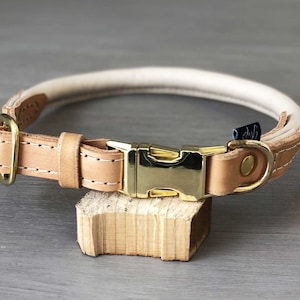 Rolled Leather Quick Release Dog Collar, Solid Brass Hardware, Tan Leather Dog Collar, Optional FREE Custom Engraved Buckle