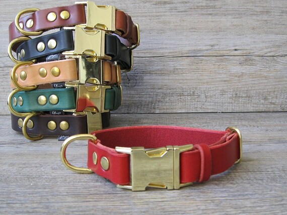 Red Dog Collar, Quick Release Buckle, Leather Collar, Free ID Tag, Colorful Collars, Solid Brass, Breakaway Dog Collar, Personalized Collar