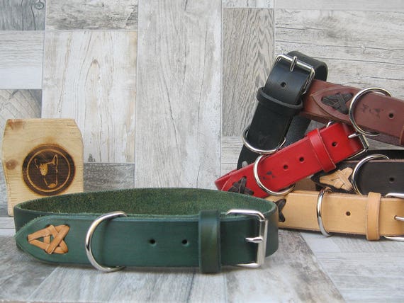 Green Leather Dog Collar, Classic Dog Collar for Medium and Large Sizes, Colorful Dog collar, Handmade Dog Collar, Durable Strong Dog Collar