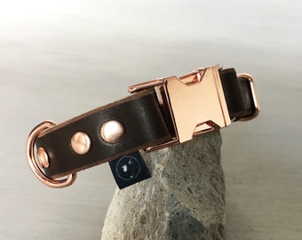 Quick Rlease Leather Dog Collar with Rose Gold Hardware, Optional Free ID Tag, Handmade Personalized Collar Ideal for Medium and Large Dogs