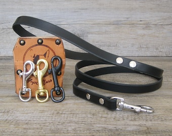 Black Leather Dog Leash with Nickel Brass Rose Gold or Black Hardware and Custom Length and Width, Handmade in Italy with Prime Leather