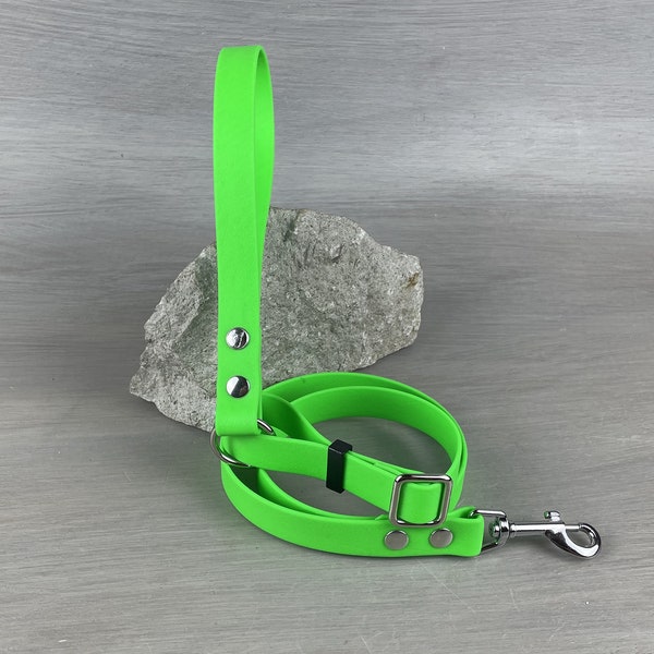Adjustable Green Dog Leash in Waterproof Webbing Coated in PVC, Custom Length and Hardware, Easy to Clean and Ideal for All Activities