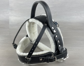 Fully Custom Leather Dog Harness with Extra Fluffy Sheepskin Padding, Adjustable Working Dog Harness, Personalized Mobility Harness