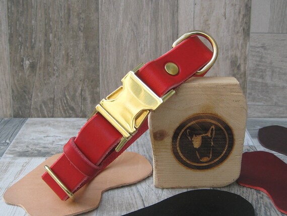 Red Dog Collar, Quick Release Buckle, Leather Collar, Free ID Tag, Colorful Collars, Solid Brass, Breakaway Dog Collar, Personalized Collar