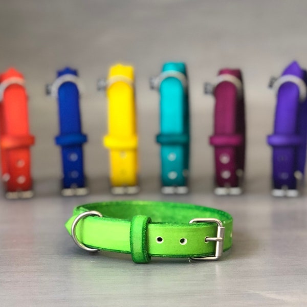Hellgrünes Hundehalsband aus Leder für alle Größen und Rassen, 6 Breiten, bunte Lederhalsbänder, optional GRATIS Id Tag, personalisiert