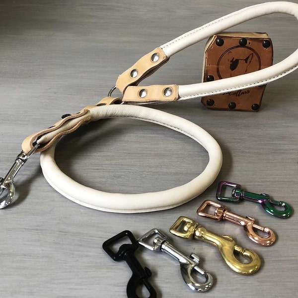 Tan Rolled Leather Dog Leash, Custom Lenght Leash with Brass Nickel Rose Gold Rainbow or Black Hardware, Strong Rope Dog Lead