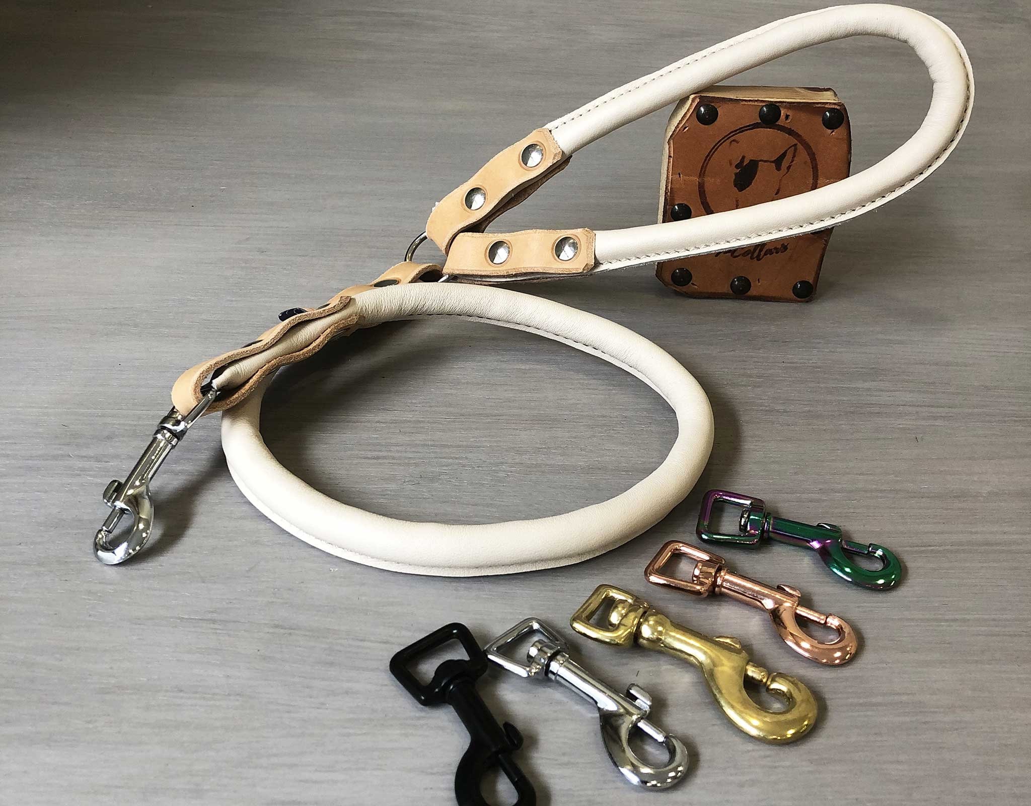 Tan Rolled Leather Dog Leash, Custom Lenght Leash with Brass Nickel