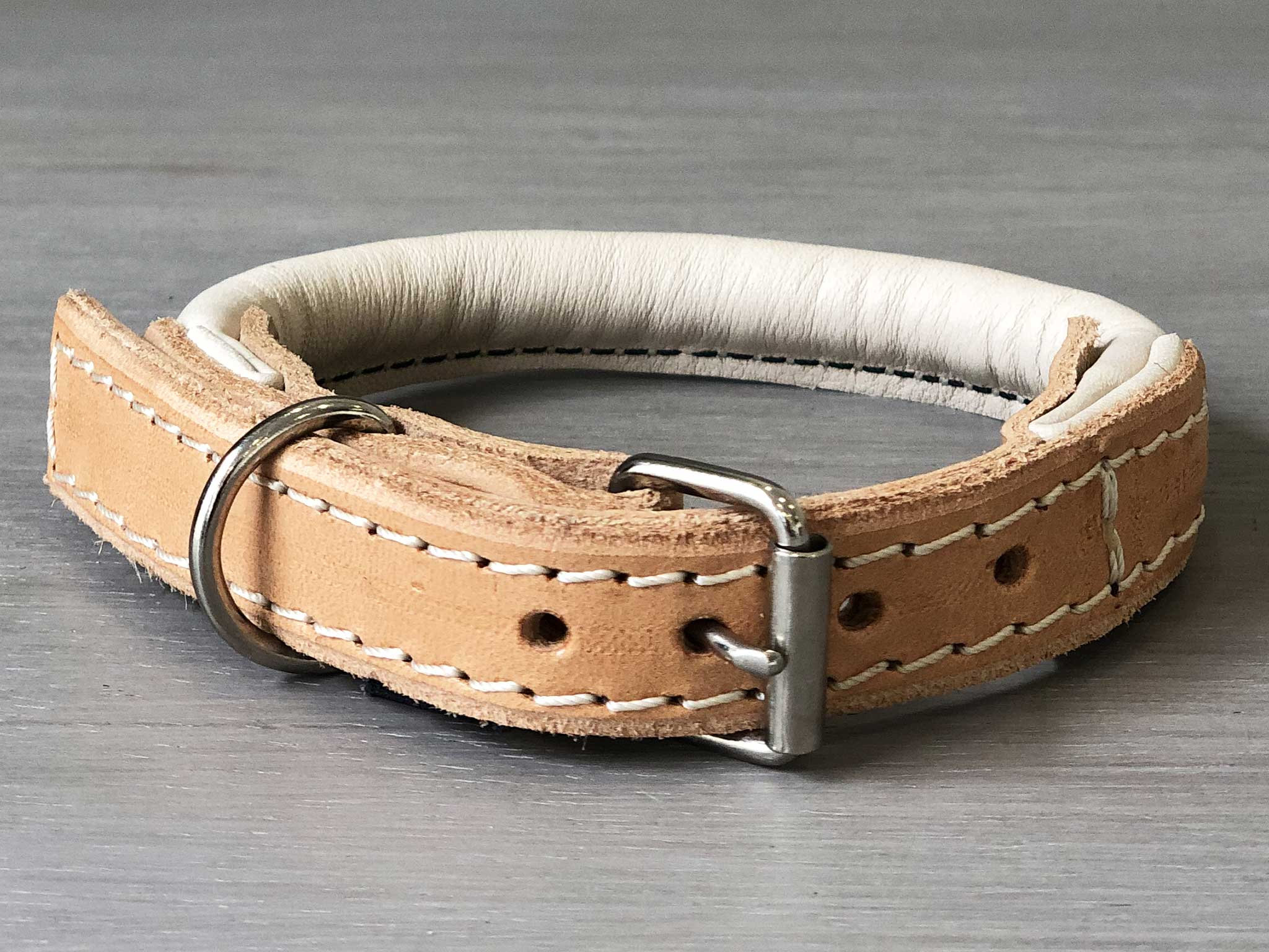 Rolled Leather Classic Buckle Dog Collar, Silver Colored Hardware