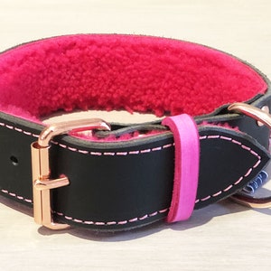 Black Leather Dog Collar Padded with Ultra Soft Hot Pink Sheepskin, Rose Gold Plated Hardware, Handmade Leather Dog Collars