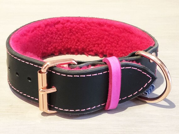 Black Leather Dog Collar Padded With Ultra Soft Hot Pink Sheepskin
