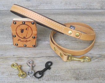 Tan Leather Dog Leash with Soft Padded Handle, Custom Lenght and Width, Brass, Nickel, Rose Gold or Black Hardware, Handmade Dog Lead