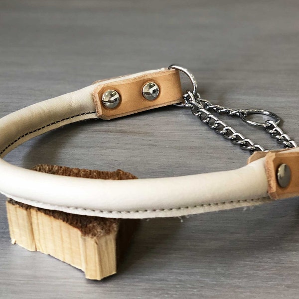 Rolled Leather Martingale Dog Collar, Tan Rolled Leather Dog Collar, Stainless Steel Chain, Half Choke Dog Collar, Slip On Dog Collar