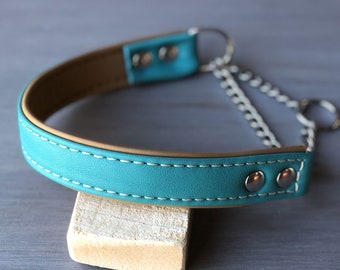 Teal and Tan Leather Martingale Collar, Slip On Collar, Half Choke Dog Collar, Stainless Steel Chain Collar, Optional FREE Id Tag