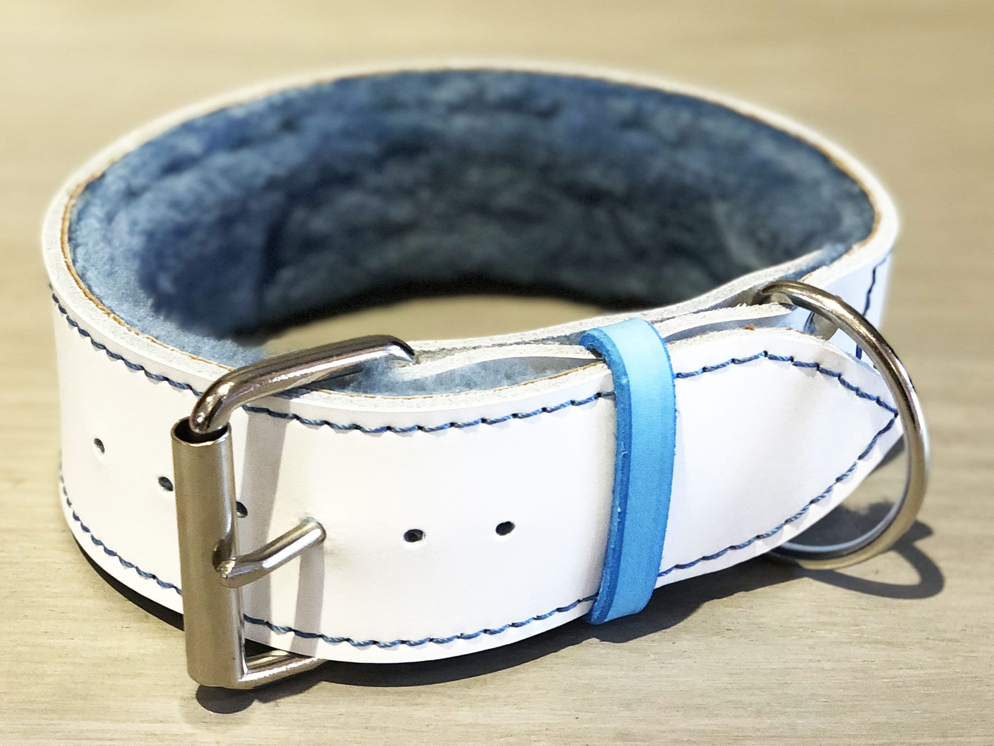 White Leather Dog Collar Padded with Ultra Soft Light Blue Sheepskin