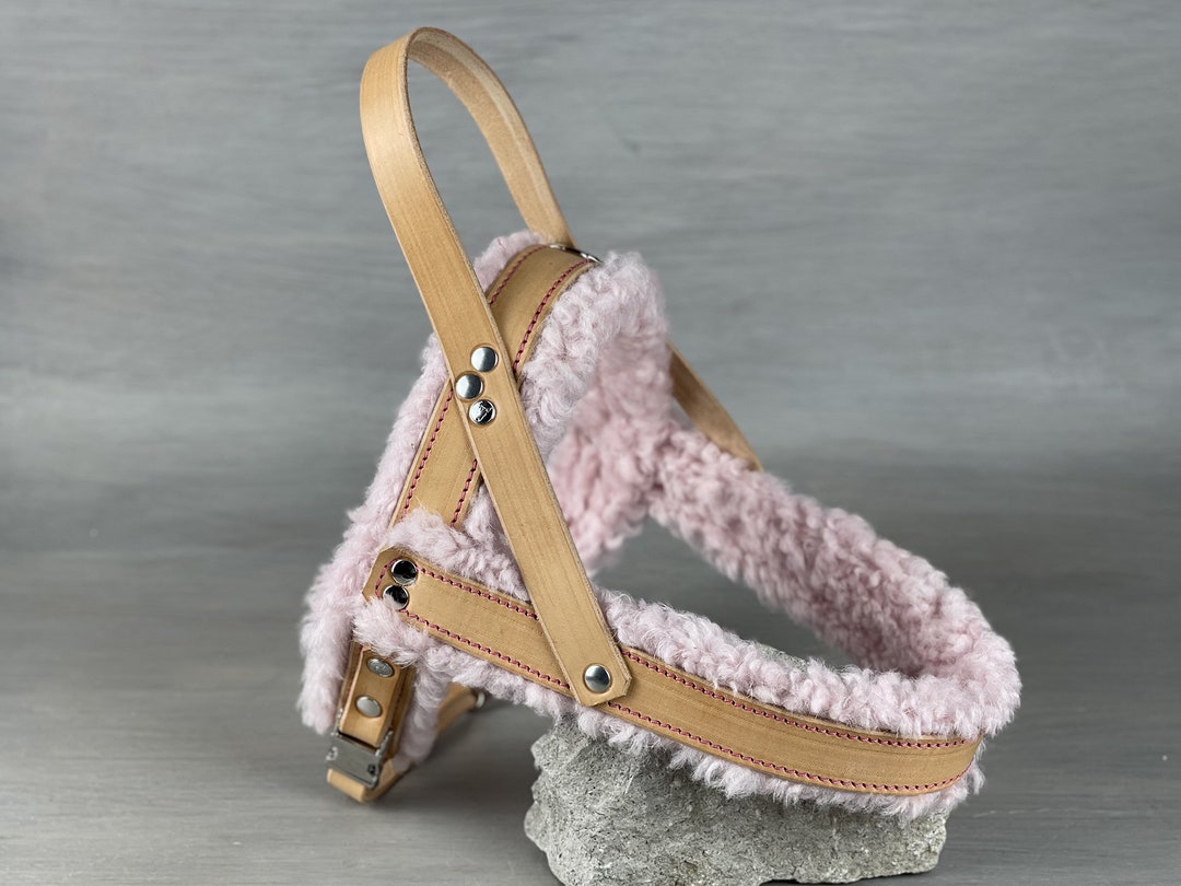 Dog Harness in Tan Leather and Extra Fluffy Sheepskin Padding