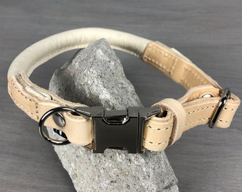 Rolled Leather Quick Release Dog Collar, Silver Color Hardware, Tan Leather Dog Collar, Optional FREE Custom Engraved Buckle