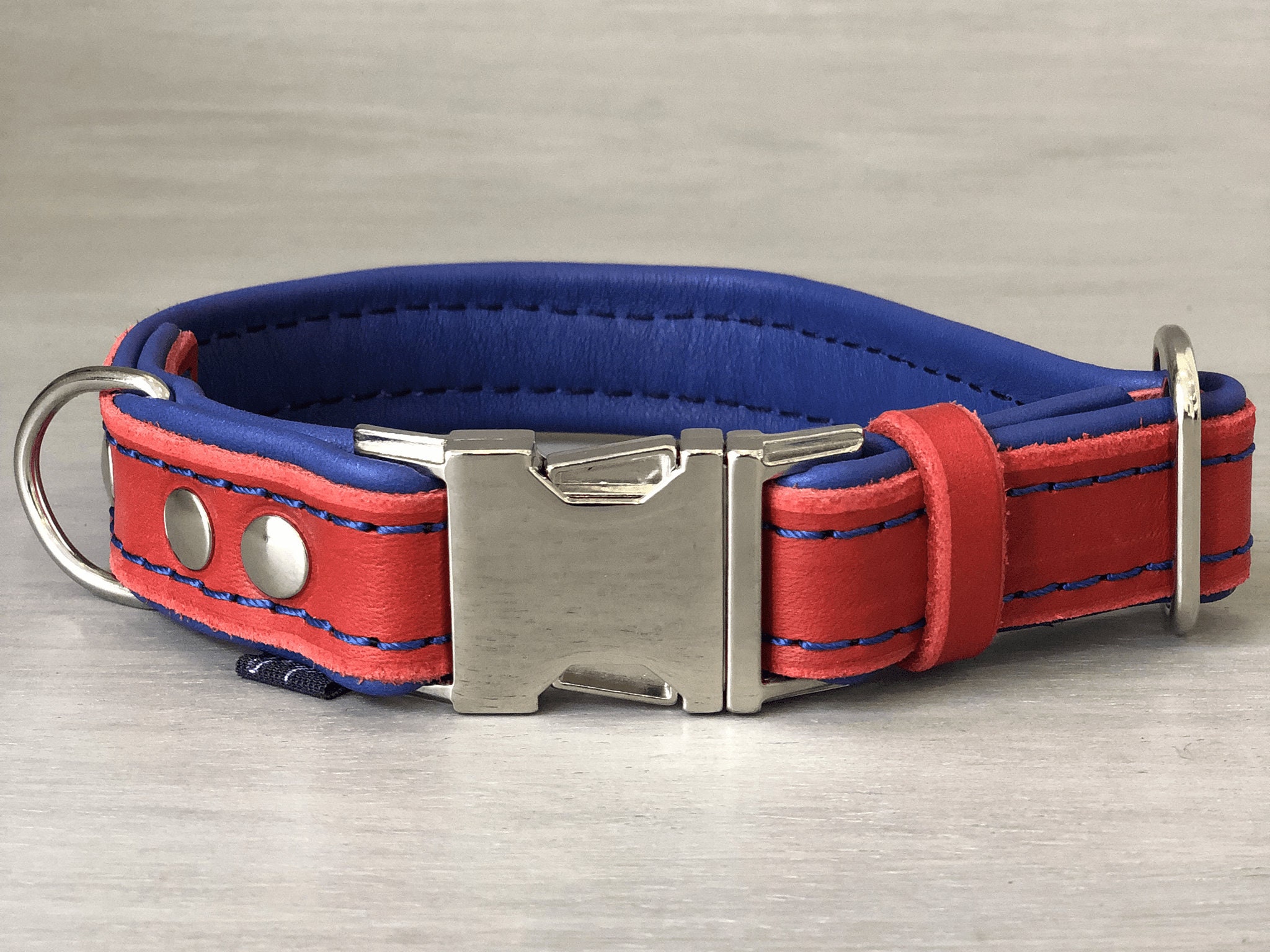 Padded Leather Quick Release Dog Collar in Blue and Red with Silver