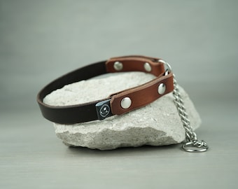 Martingale Dog Collar, Half Choke Collar, Brown Leather Collar, Training Collar, Handmade Dog Collar, Chain Dog Collar, Optional FREE Id Tag