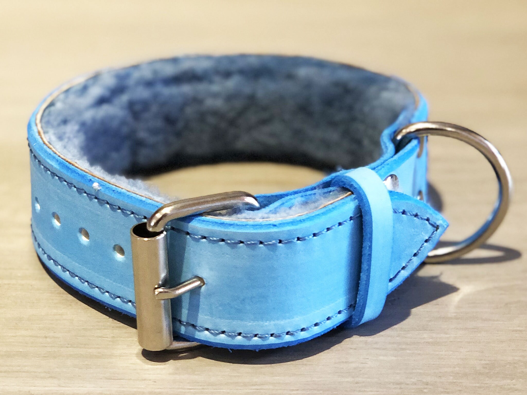 Turquose Leather Dog Collar Padded with Ultra Soft Light Blue Sheepskin