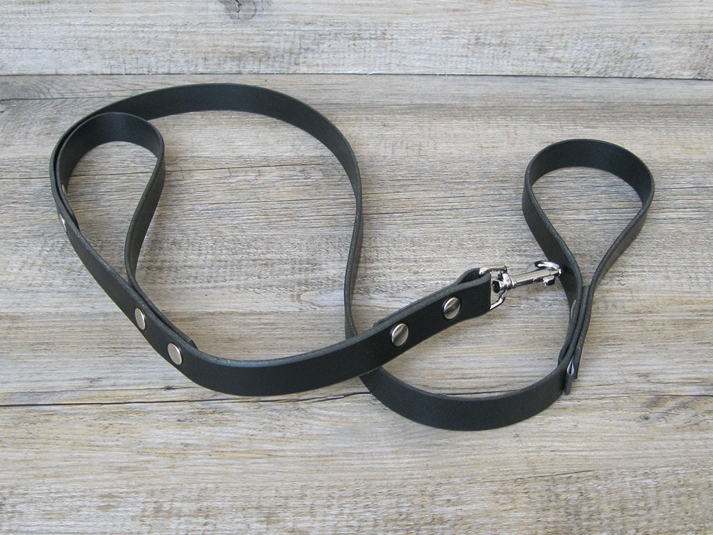 Black Leather Dog Leash With Traffic Handle in Nickel Brass Etsy