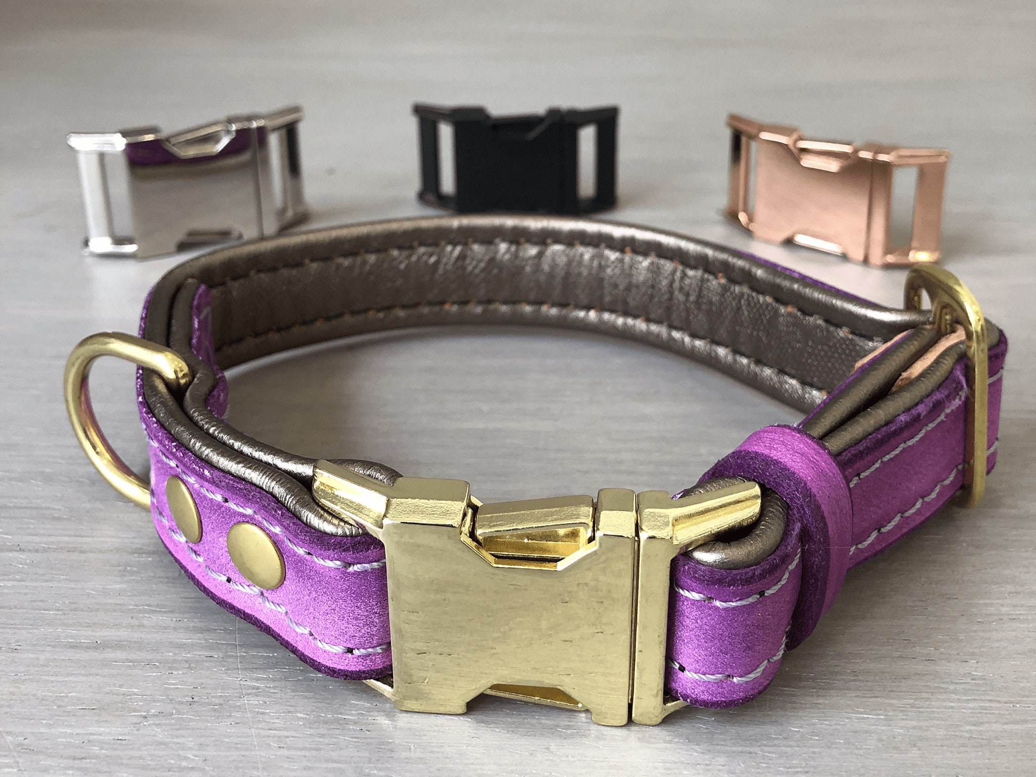 Padded Leather Quick Release Dog Collar in Lavender and Rose Gold with