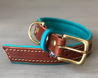 Maroon Leather Dog Collar Padded with Soft Teal Leather, Solid Brass Hardware, Made in Italy Durable Collar, Optional FREE Id Tag