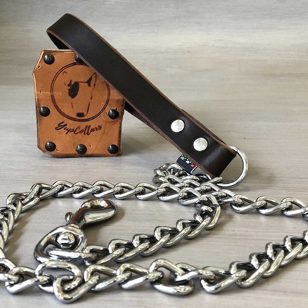 Chain Dog Leash with Full Grain Brown Leather Handle, Strong and Durable 4 ft Dog Leash, Custom Handle Width, Handmade in Italy