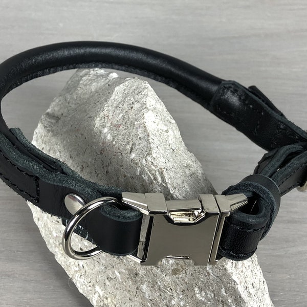 Rolled Leather Quick Release Dog Collar, Silver Color Hardware, Black Leather Dog Collar, Optional FREE Custom Engraved Buckle