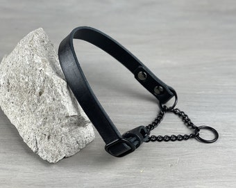 Martingale Dog Collar, Adjustable Leather Martingale Collar, Black Leather and Black Hardware, Handmade Chain Collar, Optional FREE Id Tag