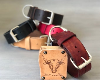 Maroon Bull Leather Dog Collar Ideal for Large Dogs, Wide Collar with Optional FREE ID Tag, Handmade in Italy with prime Bull Leather