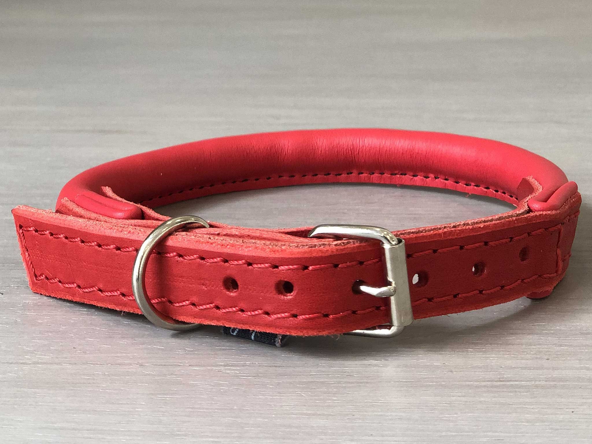 Rolled Leather Classic Buckle Dog Collar, Silver Colored Hardware