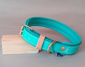 Teal Leather Dog Collar Padded with Soft Leather, Rose Gold Hardware, Made in Italy Durable Collar, Optional FREE Id Tag