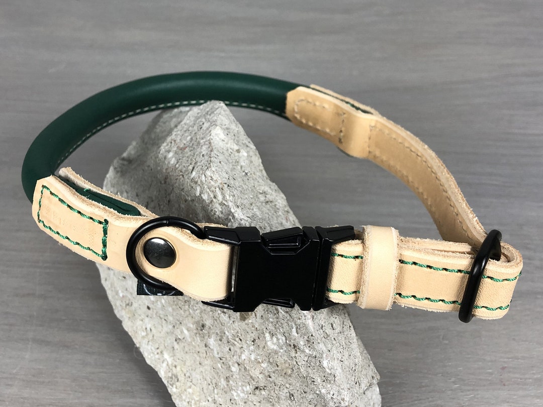 Bicolored Rolled Leather Quick Release Dog Collar, Black Hardware, Green and Tan Leather Dog
