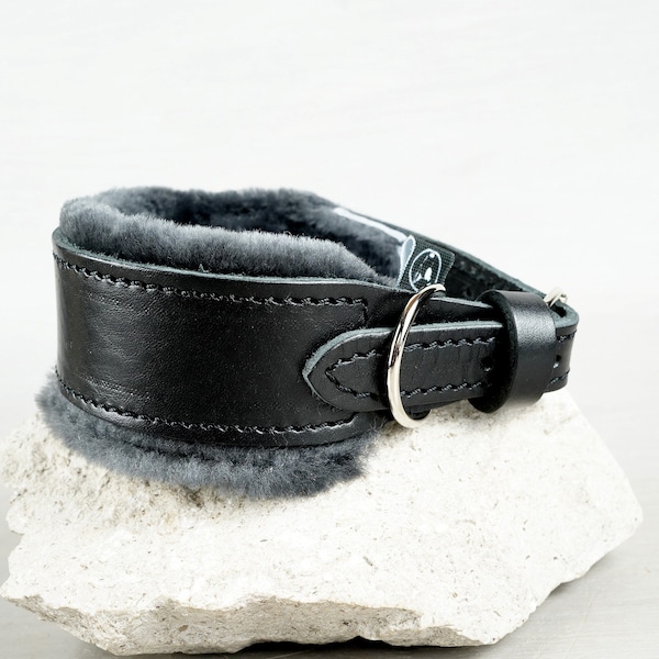 Black Bull Leather Tapered Dog Collar Padded with Extra Fluffy Sheepskin, Wide Leather Dog Collar, Custom Hardware, Optional FREE ID Tag