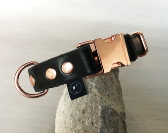 Black Leather Quick Release Dog Collar with Rose Gold Hardware, Optional Free ID Tag, Handmade Personalized Collar for Medium and Large Dogs