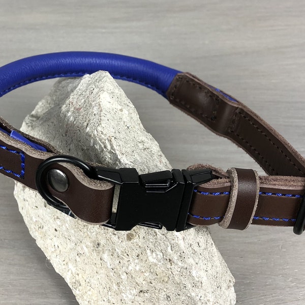 Bicolored Rolled Leather Quick Release Dog Collar, Black Hardware, Blue and Brown Leather Dog Collar, Optional FREE Custom Engraved Buckle