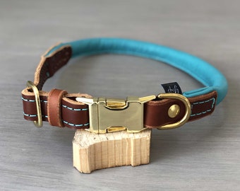 Rolled Leather Quick Release Dog Collar, Solid Brass Hardware, Teal and Papaya Leather Dog Collar, Optional FREE Custom Engraved Buckle