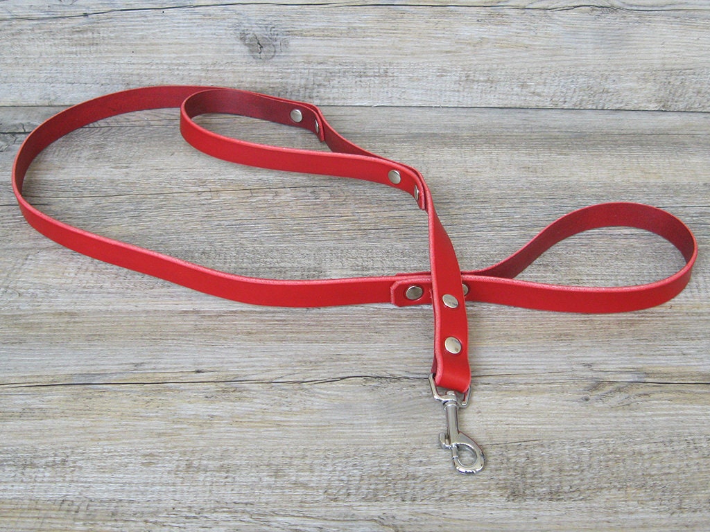Red Leather Dog Leash With Traffic Handle Nickel Brass or Etsy